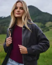 [Ava And Ever] Ava And Ever Women's Garage Faux Leather Bomber Jacket in Washed Black Size 6 6 Washed Black