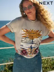 Light Grey Sun Scene Embroidered Applique Front Graphic Print Short Sleeve T-Shirt (AR8744) | $73