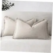 Set of 2 Decorative Linen Fringe Lumbar 20" x 12" (Pack of 2) Natural Beige