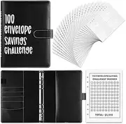 Kiwinvou Envelope Money Saving Challenge Book,A5 PU Leather Budget Planner with Cash Envelopes,Easy and Fun Way to Save $5,050,Suit for Cash Saving and Budget Sheets,Black