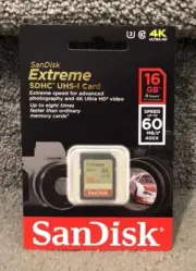 SanDisk 16GB Extreme SDHC 60MB/S Class 10 400x UHS-I U3 Camera Flash Memory Card
