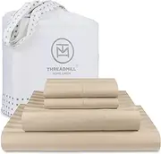 500 Thread Count 100% Extra-Long Staple Cotton Sheet Set King Sheets Damask Stripe Hemstitch Luxury Bedding King Sheets 4 Piece Set Smooth Sateen WeaveBeige by Threadmill Home Linen