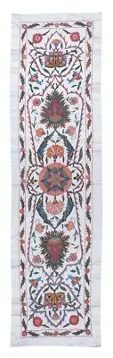 1.8x6.5 ft 100% Silk Table Runner, Hand Embroidered Wall Hanging, Uzbek Tapestry