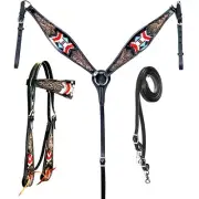 western Leather Equestrian Tooled Beaded Headstall,Breast Collar & Reins. (H054)