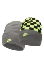 NIKE Big Kids Peak Standard Smile Reversible Beanie in Iron Grey/Volt