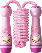 Jump Rope for Kids-Adjustable Cotton Braided Skipping Rope with Wooden Handle for Toddler Fitness Workout Exercise Outdoor Activity
