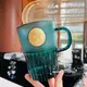 星巴克23夏復古經典墨綠色金色女神銘牌立體豎紋玻璃把手喝水杯子