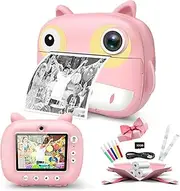 2.5K Cute Kids Instant Camera 12MP Kids Digital Camera Childeren Instant Print Camera with 2.4-inch IPS Screen 10X Digital Zoom Cute Filters Video Recorder with 3 Printing Paper Rolls 32GB TF Card