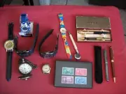 Junk Drawer Lot Collection of Stamps, Watches, Pens, Pencils, Some New Some Used