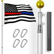 Combo: 16Ft Telescoping Flagpole SV & Thin Blue Red Line Flag 3x5Ft Emb SpunPoly