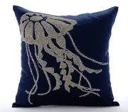 Couch Cushion Cover Blue 16"x16", Sofa Decor Cotton - Jelly Fish At The Shore