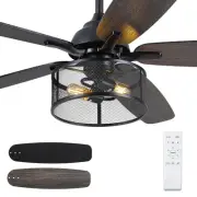 Farmhouse Ceiling Fan with Light and Remote,56" Black Industrial Caged Flush ...