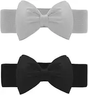 [Allegra K] Women's 2Pcs Bowknot Elastic Belts, 2.4" Width Elegant Cute Stretchy Cinch Waistband for Dress Wedding Black+Grey Fit Waist:24-32 inches
