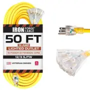 50 Foot Lighted Outdoor Extension Cord with 3 Electrical Power Outlets - 12/3...