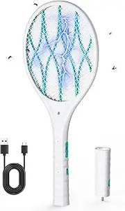 AROEVE Electric Fly Swatter, 4000V Electric Fly Swatter, USB Charging, LED Light, Removable Torch, 3-Layer Protective Grid, Double Switch, Home, Garden, White