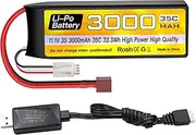 3S Lipo Battery 11.1V 3000mAh 35C with T Plug and USB Charging Cable Suitable for RC Car, Truck, Remote Control Boat, RC Quadcopter Aircraft, FPV Drone Battery