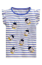 Mini Boden Kids' Appliqué Bee Flutter Sleeve Cotton T-Shirt in Wisteria Blue/Vanilla Pod at Nordstrom, Size 7-8Y