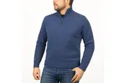 100% SHETLAND RAGG WOOL Half Zip Up Knit JUMPER Pullover Mens Sweater Knitted in Sky