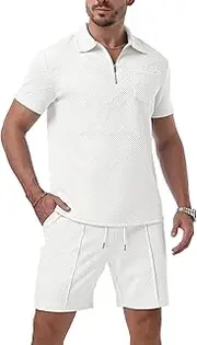 [QIXING] Men's Tracksuit Men's 1/4 Zip Polo Shirt & Shorts 2 Pieces Summer Outfits Suit, White, Medium
