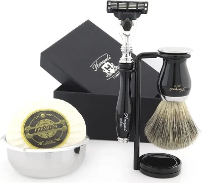 Shaving Kit Set – 3 Edge Safety Razor, Silvertip Badger Shaving Brush Bowl Stand