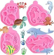RFGHAC Sea Theme Fondant Silicone Mold Seahorse Dolphin Sea Turtle Coral Fish Crab Chocolate Molds for Decorating Cake Gum Paste Candy Polymer Clay Set of 4