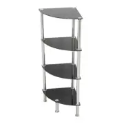 Black Glass and Chrome Corner 4-Tier Shelving Unit Space Saving Display Storage
