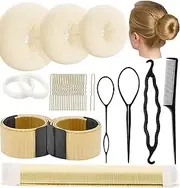 Hair Bun Maker 21 Pieces,Donut Hair Bun Shaper With 3pcs Beige(1 large, 1 medium and 1 small), 2 pieces Hair Elastic Bands, 2 pieces French Twist Bun,4 Pony Hair Tools,10 pieces Hair Pins (Gold)