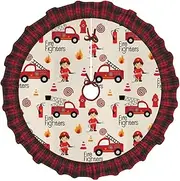 [COMAAM] Little Boys And Girls In Firefighters Christmas Plaid Tree Skirt Christmas Tree Mat Indoor And Outdoor New Year Party Holiday Decoration