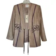 NWT VTG Louise Ricci Sz 14 Linen Blend Rhinestone Artsy Lined Blazer Tan Purple