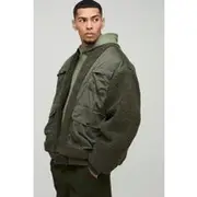 Mens Oversized Utility Borg And Nylon Bomber Jacket In Khaki