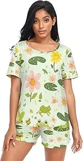 [RPLIFE] Cute Frog Green Women Pajamas Shorts Set, Ladies Summer Pant Sets, Cute Frog Green, X-Large