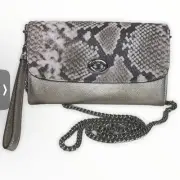 Coach Platinum Metallic Exotic Snakeskin Print Crossbody WOC Wallet on Chain