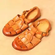 Men's Real Leather Casual Roma Sandals Buckle Sandals Vintage Hollow Out Weave-