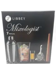 Libbey Mixologist Metal Shaker Strainer Muddler Glasses 7 Piece Bartenders Set