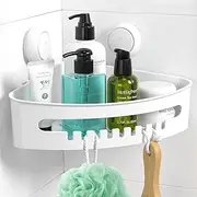 ilikable Corner Shower Caddy, Vacuum Suction Cup Shower Organizer No-Drilling Removable Shower Shelf with Hooks Wall Mounted Corner Shower Storage Basket for Shampoo Conditioner Razors Soap - White