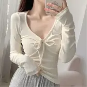 Long Sleeve V-Neck Plain Tie-Front Slim-Fit Tee Almond - S