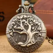 Retro Carved Tree Design Men Women Quartz Pocket Watch Necklace Pendant Chain