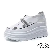 在飛比找Yahoo奇摩購物中心優惠-T2R-正韓空運-真皮素面拼接水鑽裝飾套腳厚底涼鞋-增高約7