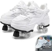 [AMMFIT] Roller Skate Shoes with Brake, Walk Deformation Shoes with Double-Row Wheels for Kids and Adults Technical Skateboarding Shoe with Deformed Wheels,White1-8.5