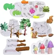 5Pcs/Set Forest Animal Squirrel Silicone Fondant Molds Chocolate Candy Mould Lumberjack Woodland Stump Pine Cones Wooden Tree Trunk Mushroom Lotus Frog Polymer Clay Molds Cake Decorating Tools