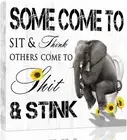 Funny Bathroom Canvas Wall Art: Black White Elephant with Sunflower Picture Prin