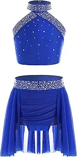 [FEESHOW] Girls Lyrical Ballet Dance Outfits Sparkly Gymnastics Crop Top and Skirt Set Contemporary Dancewear