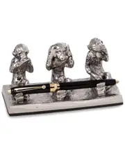 Bey-Berk Antique Silver Plated See, Hear & Speak No Evil Monkey Pen Holder