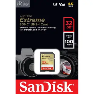 【SanDisk 晟碟】32GB 100MB/s Extreme SDHC SD UHS-I V30 U3 記憶卡(平輸)
