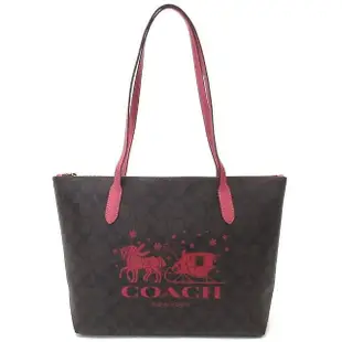 【COACH】馬車C logo 側肩背托特包(深咖/玫紅)