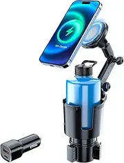 This Hill for Magnetic Cup Holder Charger, 360° Rotating Wireless Magnetic Car Charger, Fast Charging Phone Holder for iPhone 16 15 14 13 12 and Samsung Galaxy S20 Above Series [with QC 3.0 Adapter]