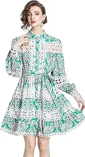 [LAI MENG FIVE CATS] Women's Hollow Out Lace Puff Sleeves Floral Print Button up Casual Mini Dress