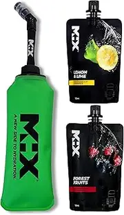 M:X® 500ml Soft Flask Sports Bottle + 2 Pouches (4 Servings) Performance Concentrate LIMITED EDITION| Foldable & Collapsible Flask | Removable Straw | Hiking, Cycling | GREEN | Mixed Pack