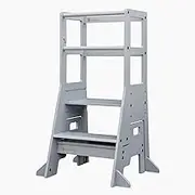Adjustable Learning Tower with Step Stool,Kitchen Tower Step Ladder, Kids Kitchen Helper, Child Standing Tower (Grey)