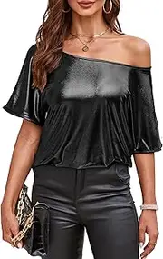 [VIDUSSA] Women's Shiny Off Shoulder Shirt Metallic Loose Short Sleeve Round Neck Club Blouse Tops